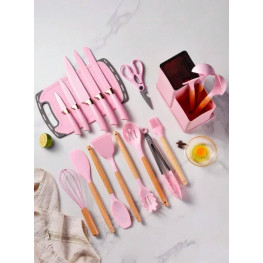 Набір ножів + кухонне начиння 19 предметів Рожевий
